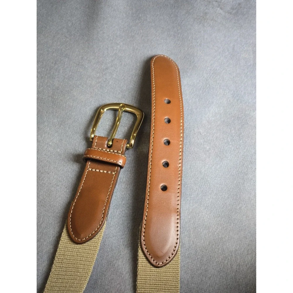 VTG Torino Belt Mens 34 Khaki Canvas Web Brown Leather Brass Buckle Casual 6832
